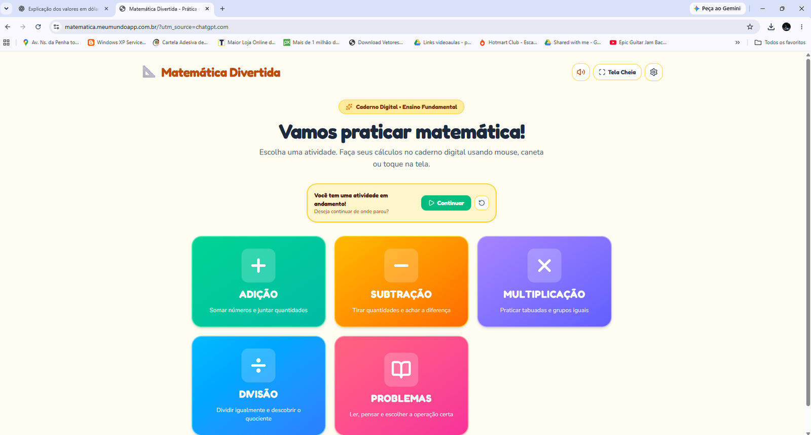 Prévia do aplicativo Matemática Divertida